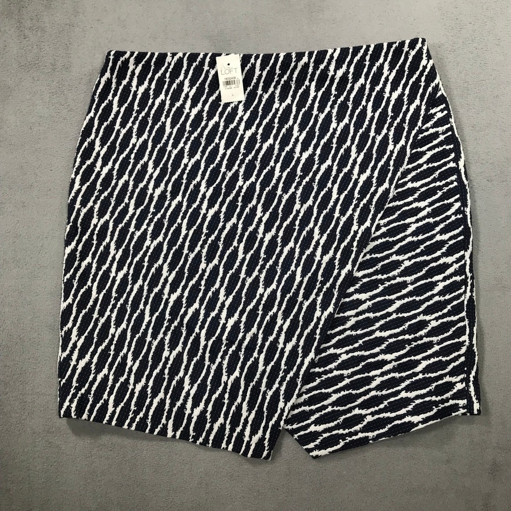 LOFT Wrap Skirt Women Size L Navy Blue New Textured Geometric Envelope Hem